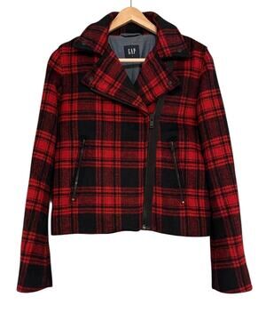 GAP Red Buffalo Plaid Moto Jacket Asymmetrical Zip Wool Blend Cropped Small